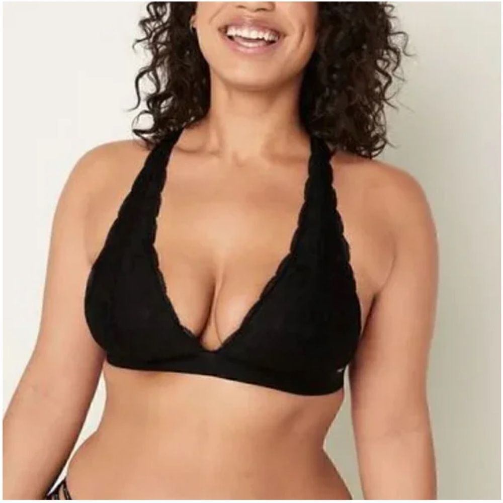 PINK Victoria’s Secret Black Lace Strappy Back Halterneck Bralette